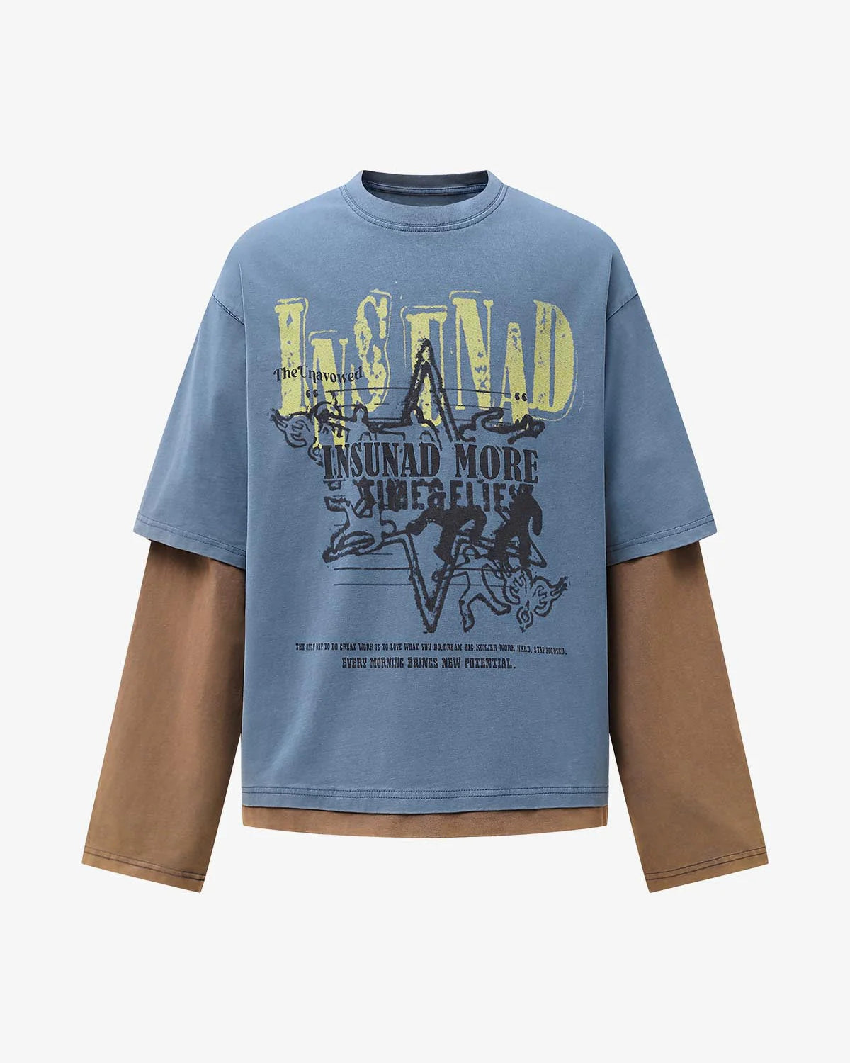 Retro Graphic Layered Streetwear T-Shirt with a faded denim-blue outer layer and earth-brown peeking sleeves, featuring distressed front graphics and stylized lettering.