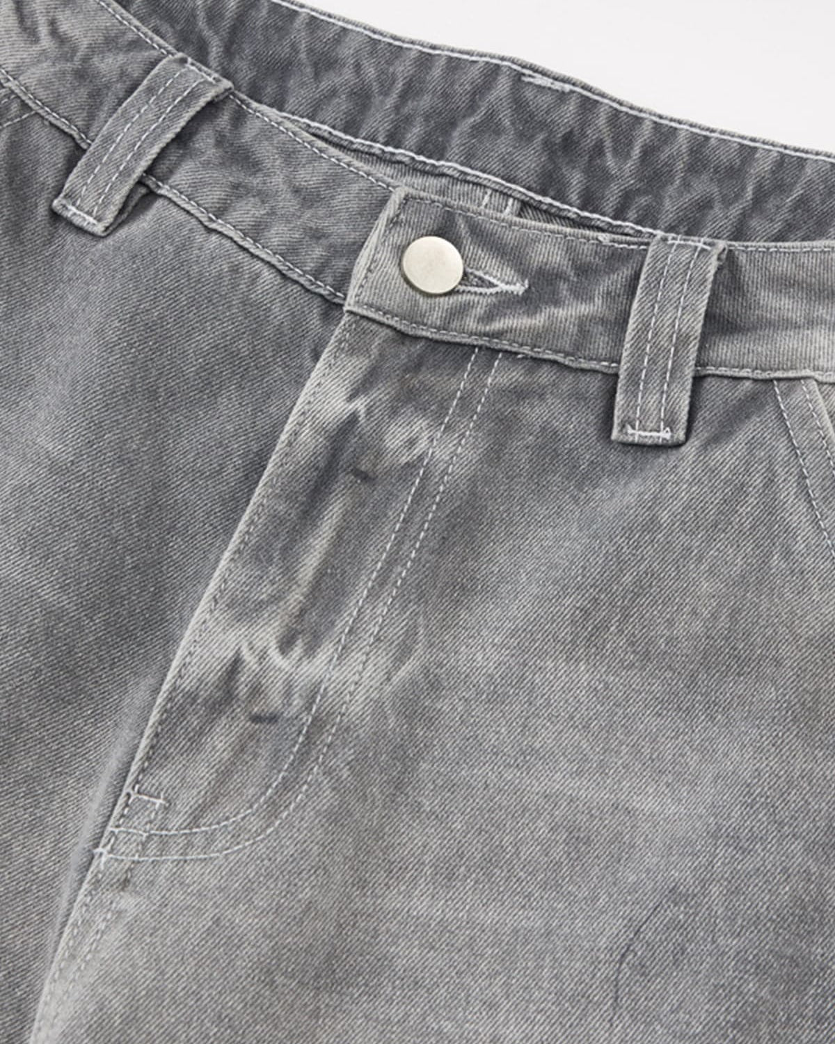 Close-up of Retro Washed Grey Baggy Jeans showing waistband details with belt loops, button closure, and pocket stitching, highlighting vintage-inspired streetwear style.