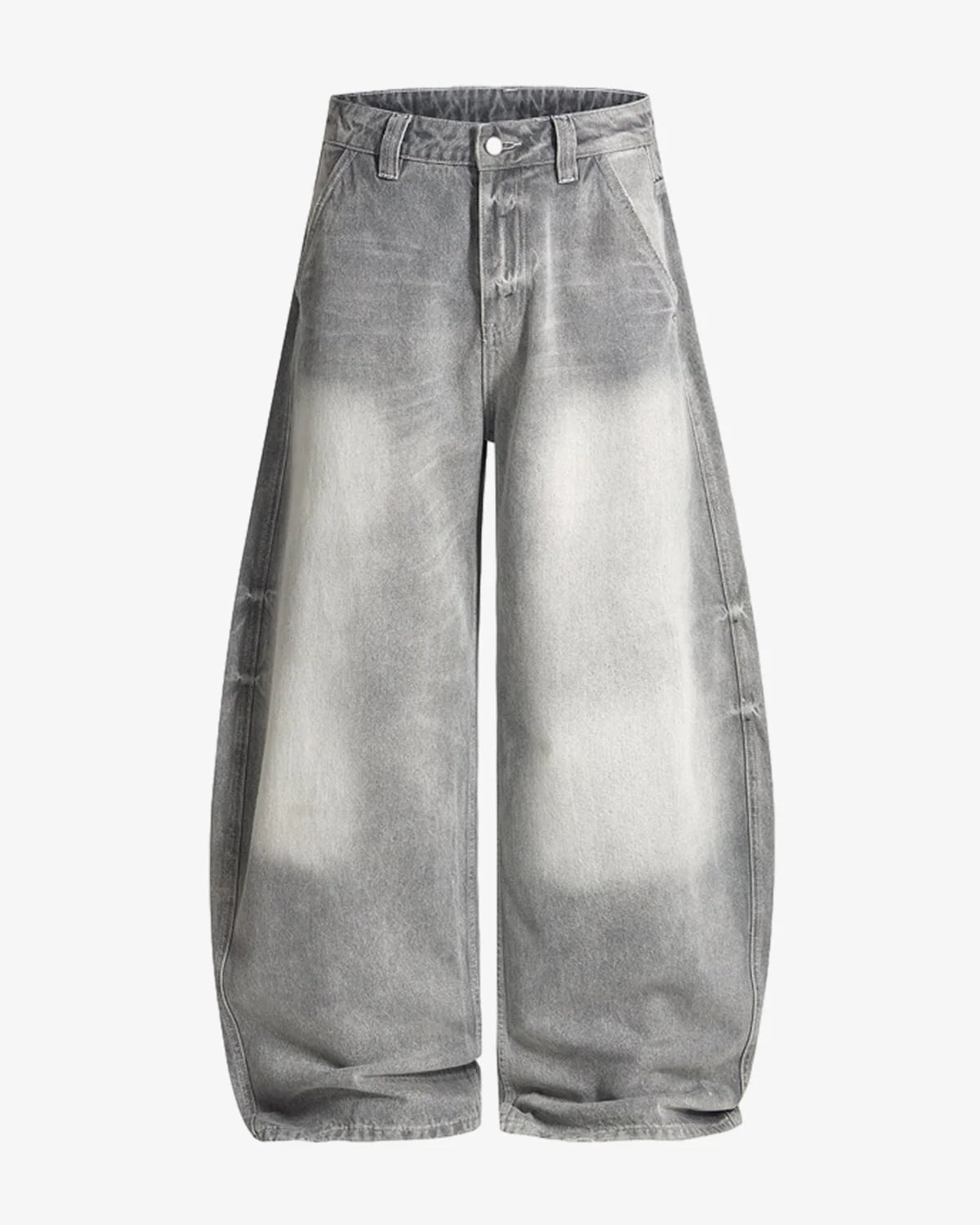 Retro Washed Grey Baggy Jeans featuring a faded gray wash, wide-leg silhouette, high waist, button-and-zip fly, and slanted front pockets, exuding vintage streetwear vibes.