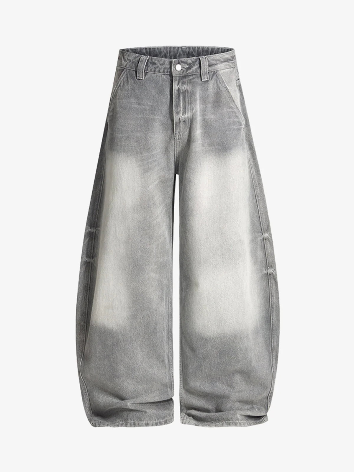 Retro Washed Grey Baggy Jeans featuring a faded gray wash, wide-leg silhouette, high waist, button-and-zip fly, and slanted front pockets, exuding vintage streetwear vibes.