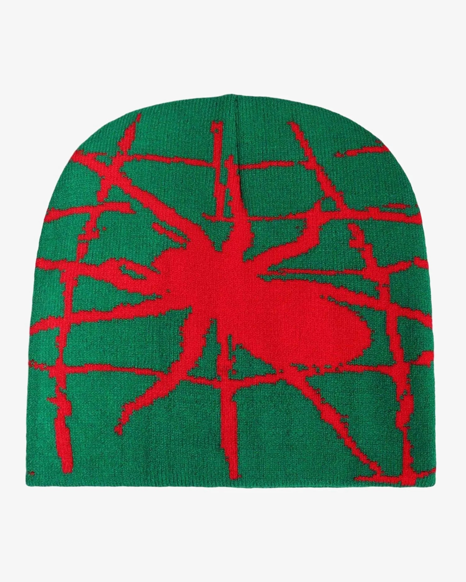 Spider Web Graphic Knit Hat with a bold, red spider-web design on a loose grid, perfect for adding an alt-street touch to winter outfits.