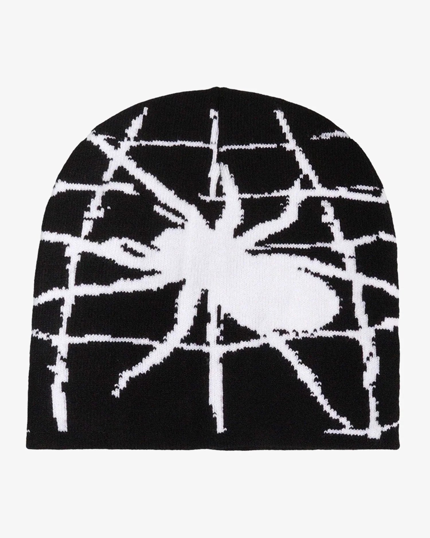 Spider Web Graphic Knit Hat featuring a bold white spider on a loose grid, perfect for Y2K and grunge streetwear styles, with soft knit for comfort.