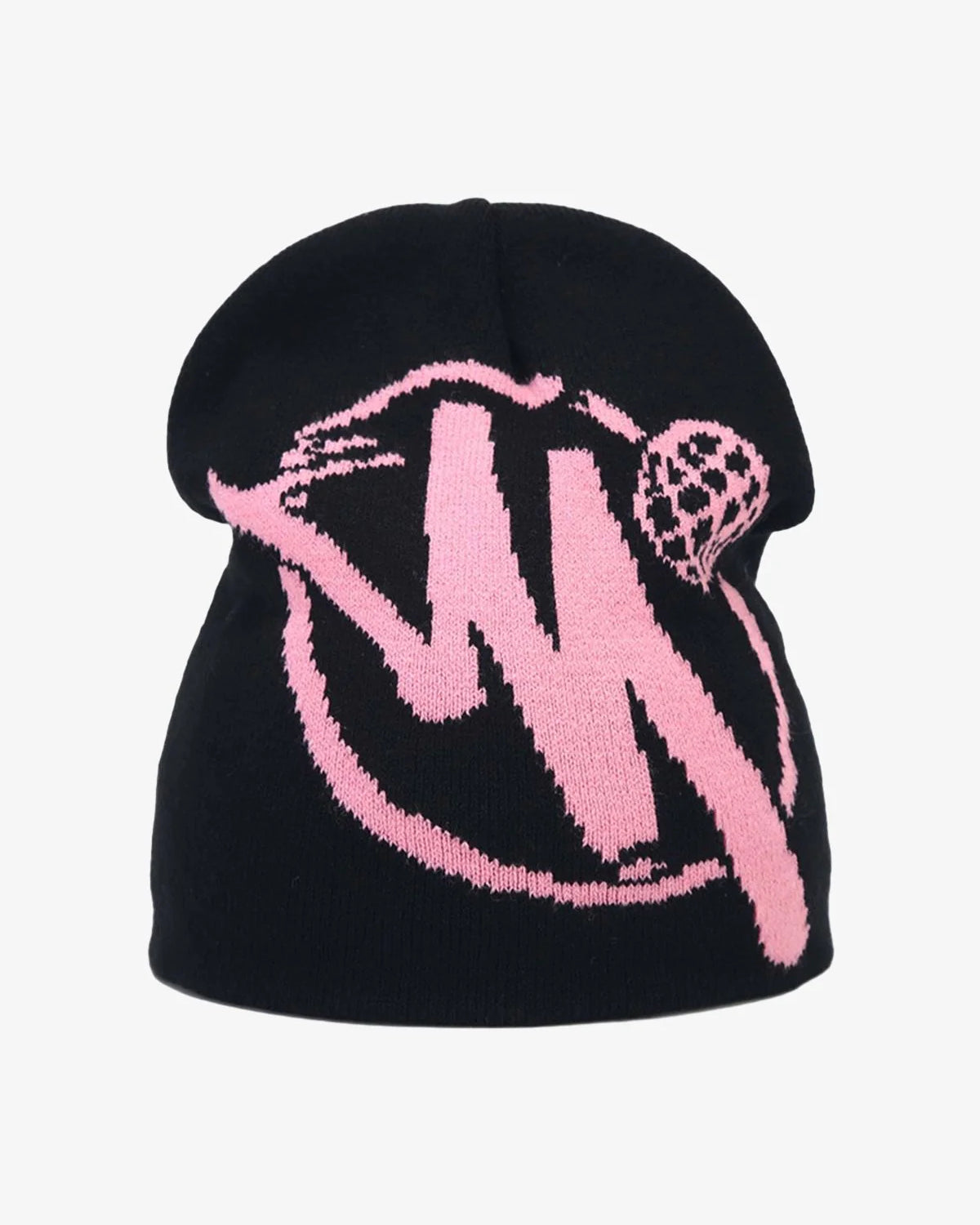 Streetwear Knit Hat with bold pink abstract graphic and circle motif, offering a soft, comfortable fit for urban fashion and winter wear.