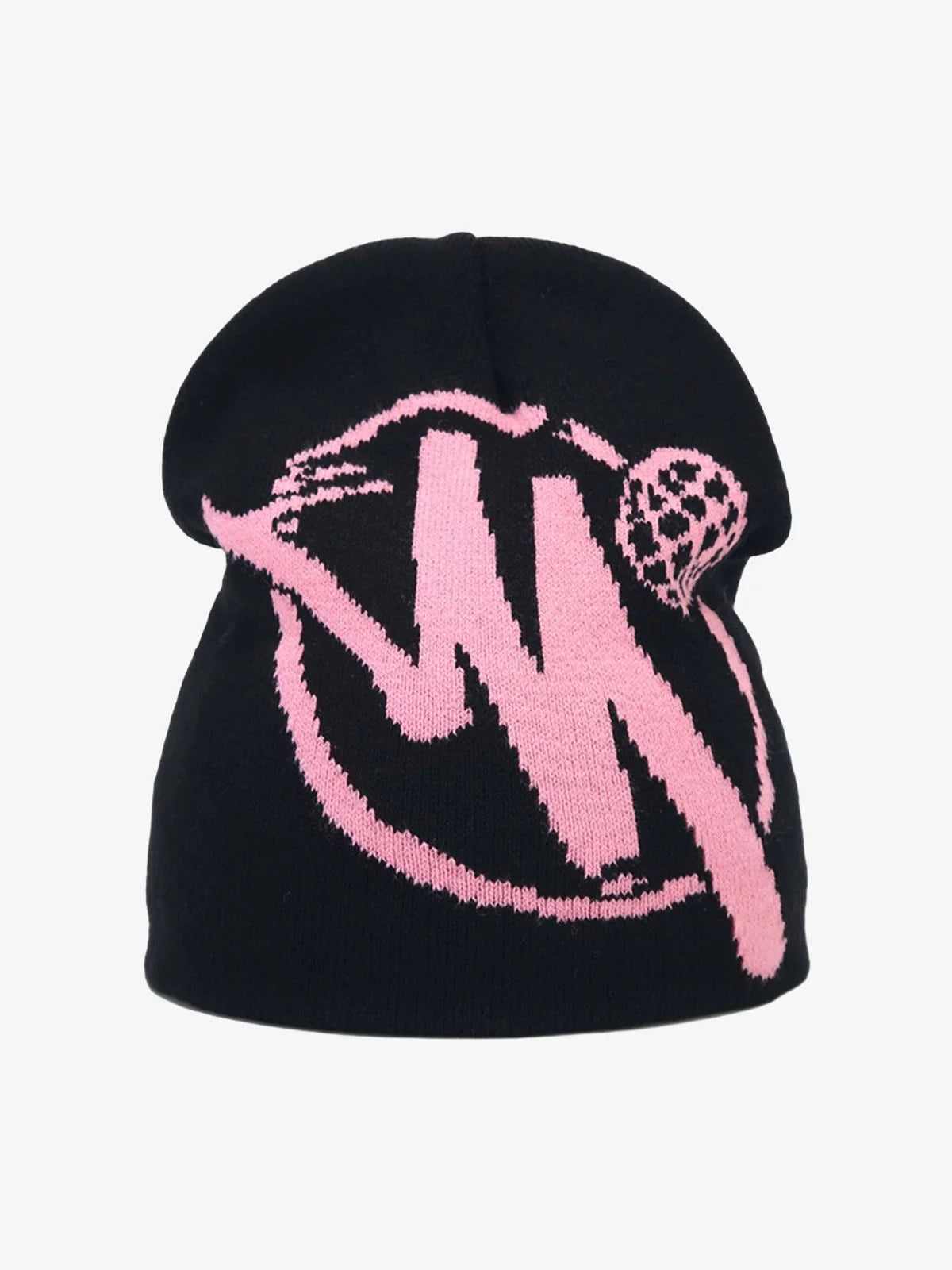 Streetwear Knit Hat with bold pink abstract graphic and circle motif, offering a soft, comfortable fit for urban fashion and winter wear.