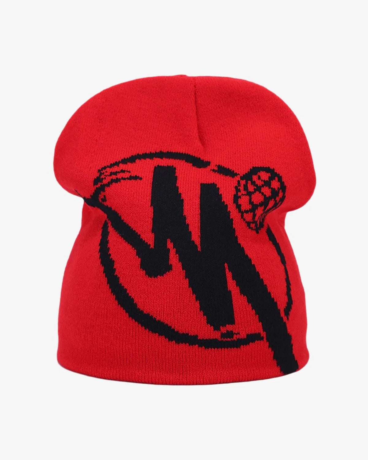 Streetwear Knit Hat featuring a bold, stylized N graphic resembling a lacrosse stick on soft knit, perfect for urban fashion enthusiasts.