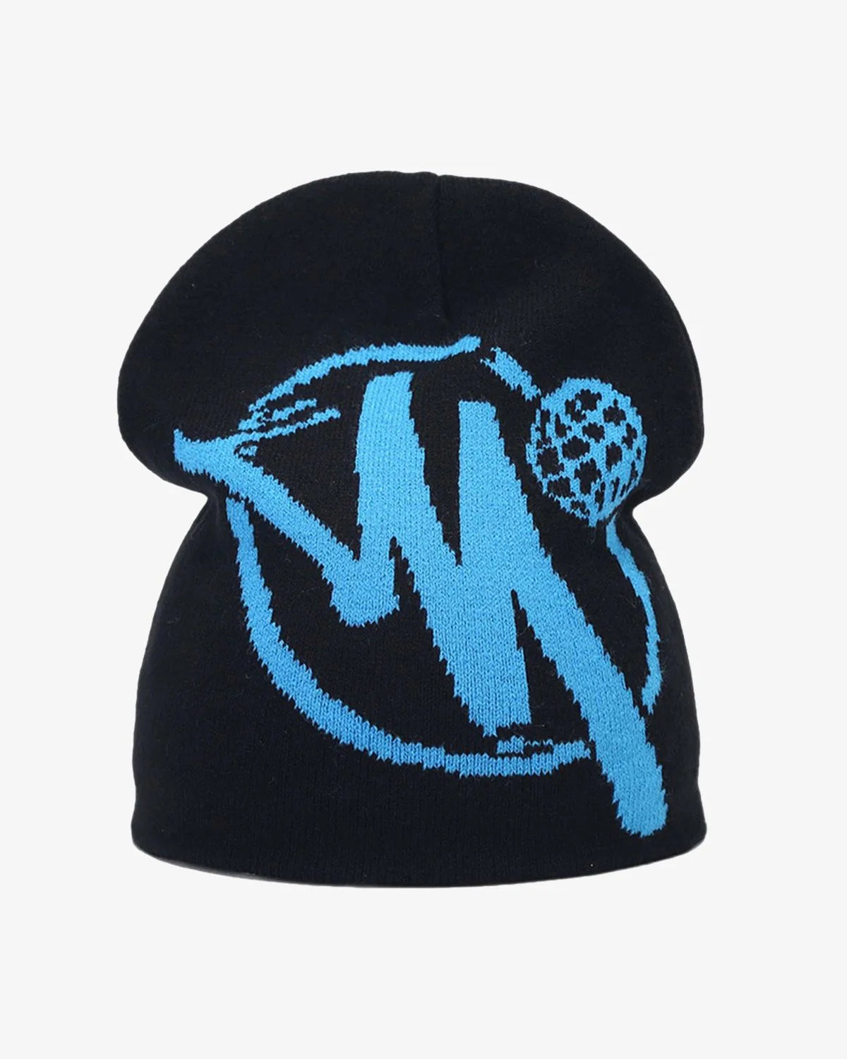 Streetwear Knit Hat featuring a black knit beanie with a bold blue M graphic, perfect for urban fashion enthusiasts seeking comfort and style.