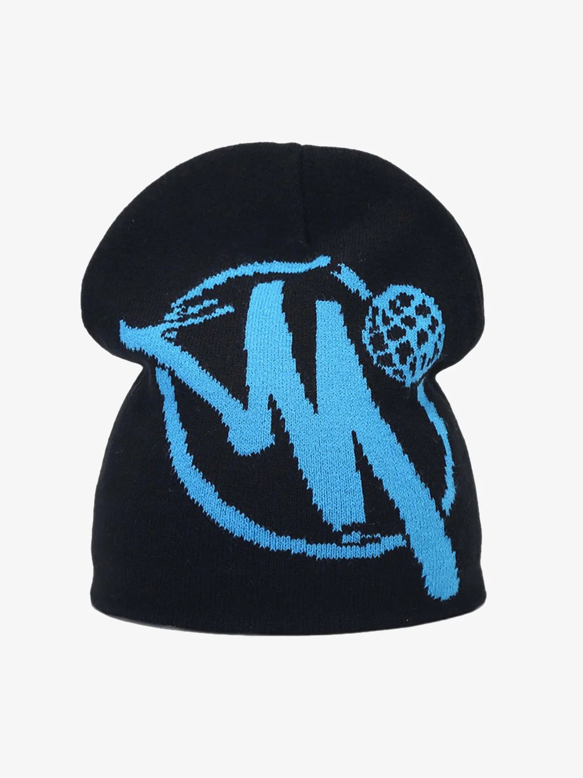 Streetwear Knit Hat featuring a black knit beanie with a bold blue M graphic, perfect for urban fashion enthusiasts seeking comfort and style.