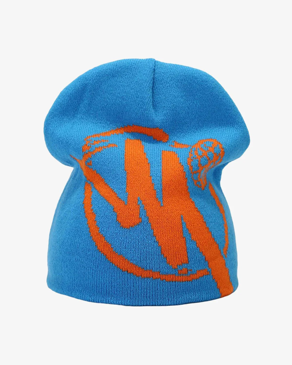 Streetwear Knit Hat featuring a bold orange M graphic, hexagon pattern, and sports stick design on a bright blue knitted winter beanie.