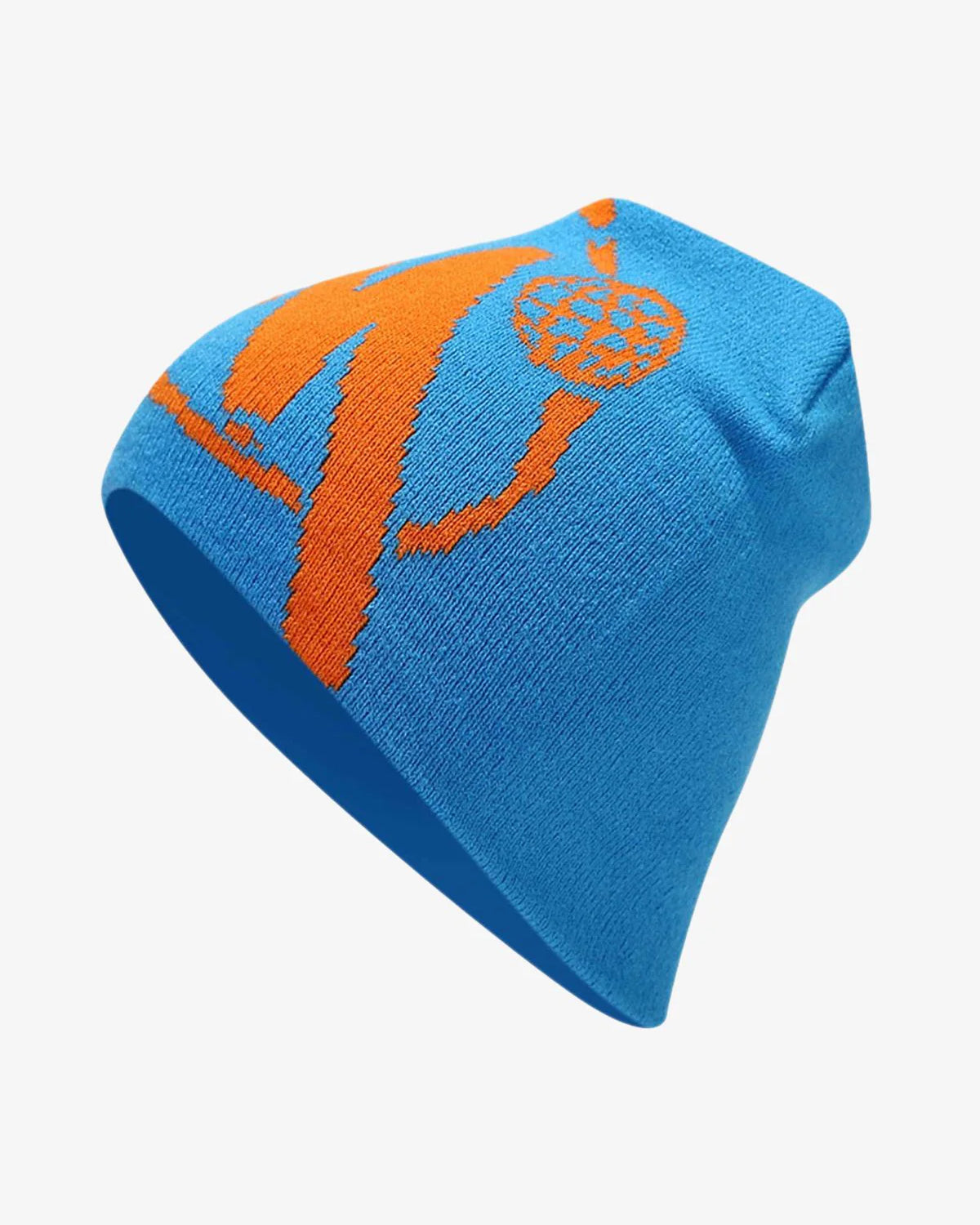 Streetwear Knit Hat: A slouch-style knit beanie with a bold orange graphic, offering a relaxed fit perfect for urban streetwear and winter fashion.