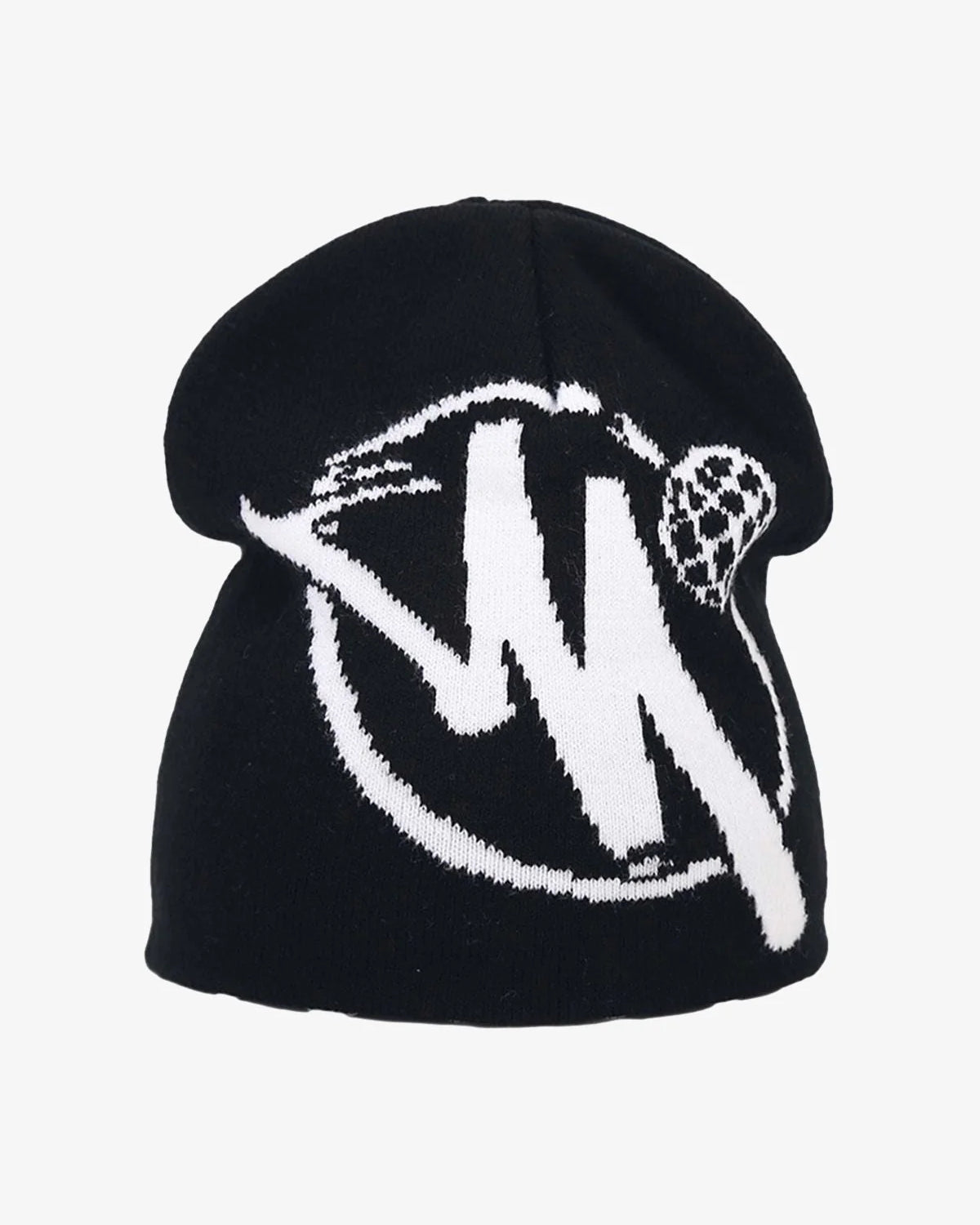Streetwear Knit Hat featuring a bold, abstract “N” graphic on a black beanie, perfect for adding an urban, hip-hop flair to winter outfits.