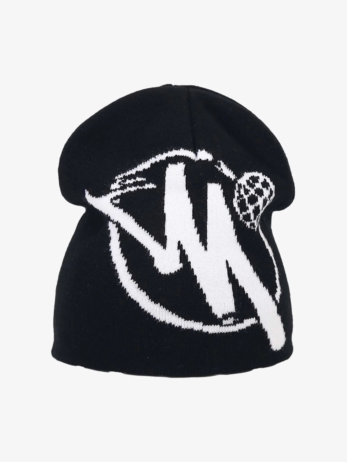 Streetwear Knit Hat featuring a bold, abstract “N” graphic on a black beanie, perfect for adding an urban, hip-hop flair to winter outfits.