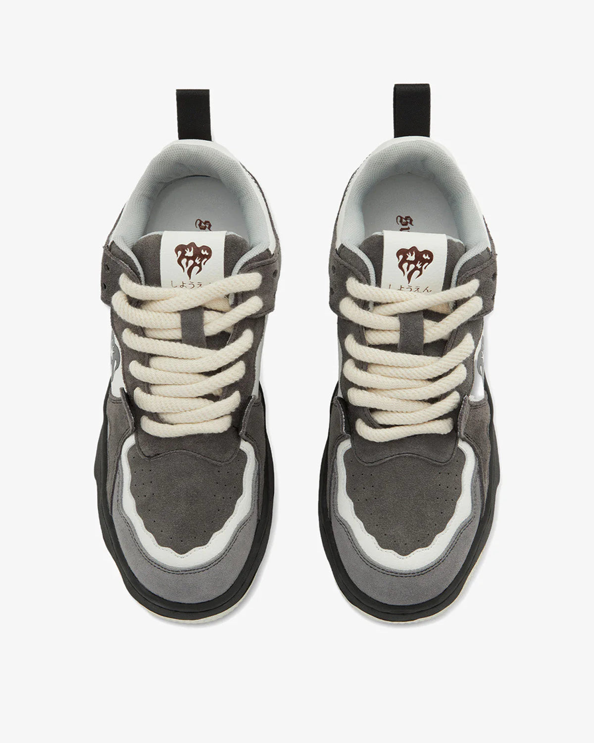 Vintage Chunky Graphic Skate Shoes featuring gray suede uppers, contrast panels, chunky laces, and a black midsole, embodying retro skate culture and 90s streetwear style.