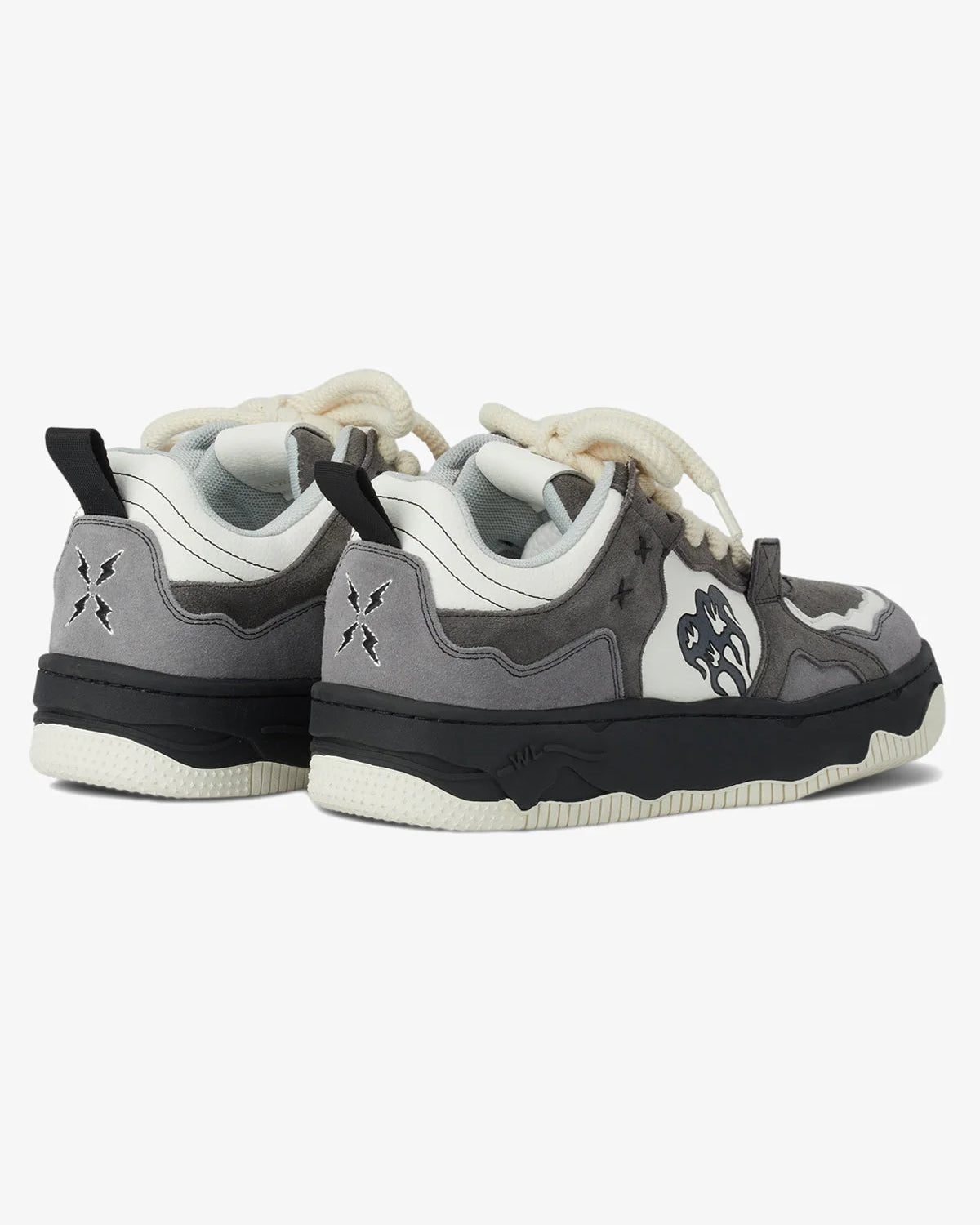 Vintage Chunky Graphic Skate Shoes with grey suede, off-white leather, black midsole, cream outsole, and stylized side graphic, embody retro skate style.