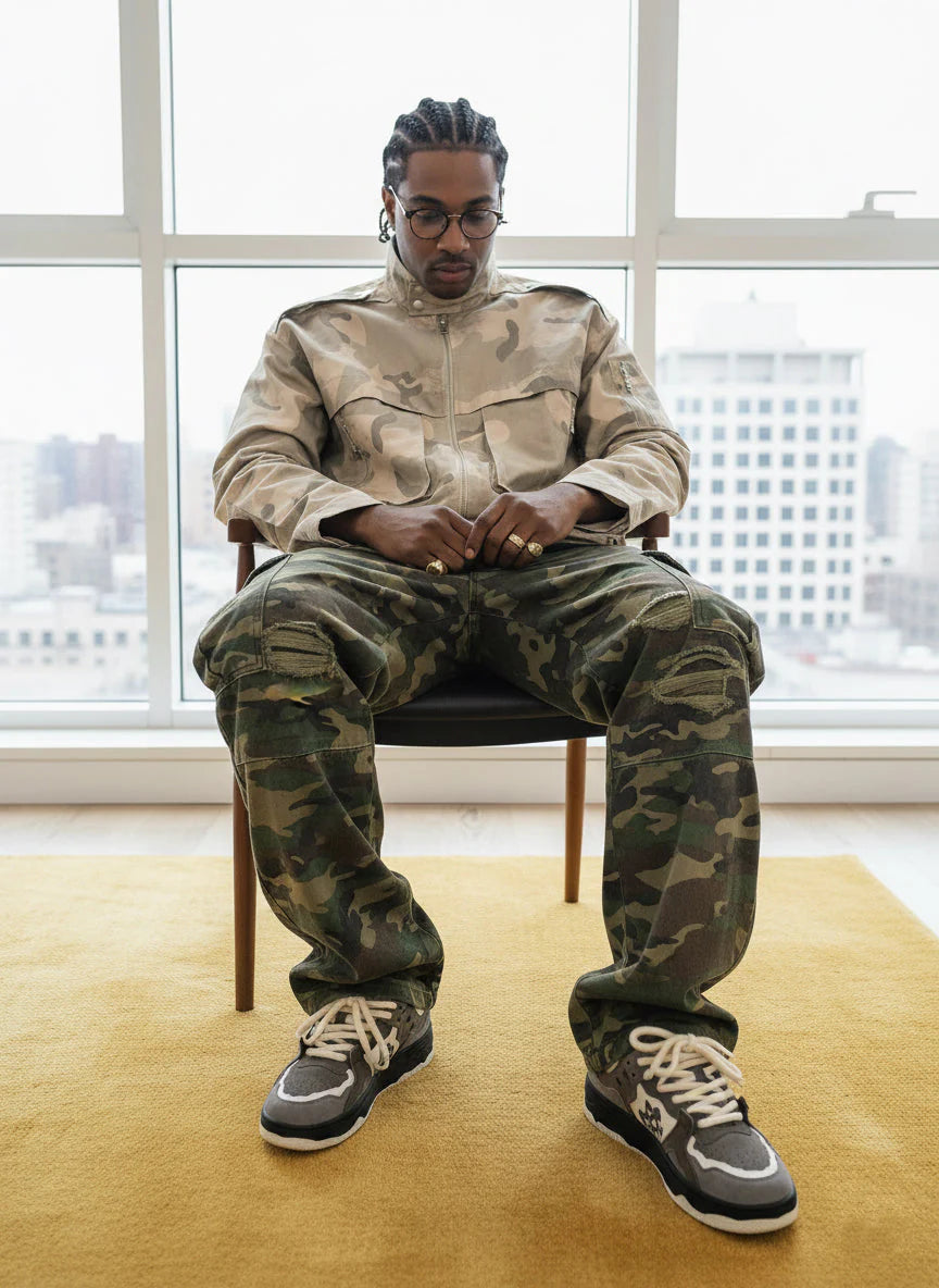 Person in camo attire wears Vintage Chunky Graphic Skate Shoes, featuring a bold, chunky silhouette and thick rope laces, seated on a mustard rug by a window.