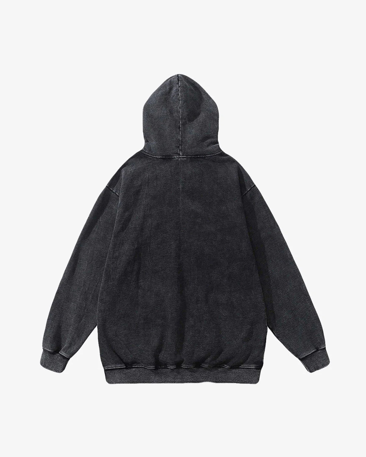 Back view of the Vintage Doberman Graphic Streetwear Hoodie, showcasing its dark charcoal color, hood, and ribbed cuffs and hem, exuding a bold streetwear vibe.