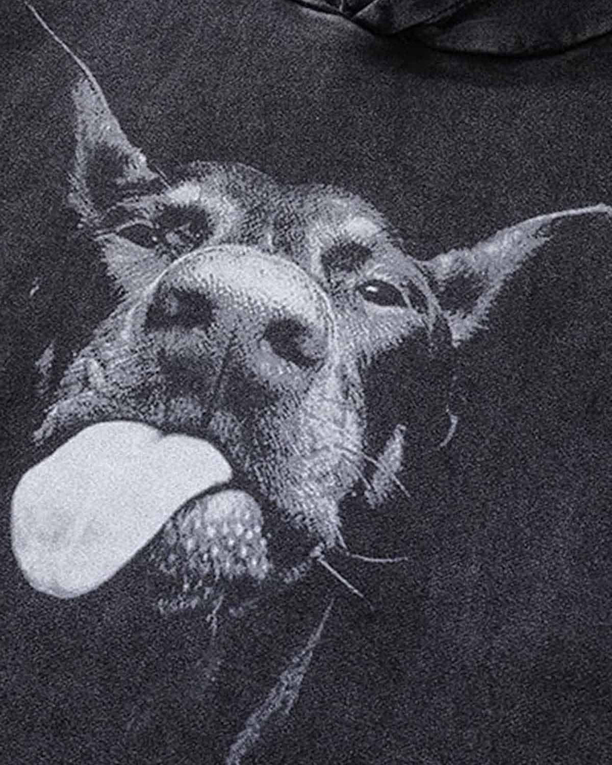 Vintage Doberman Graphic Streetwear Hoodie featuring a close-up black-and-white print of a Doberman's face with tongue out, embodying a bold, urban aesthetic.