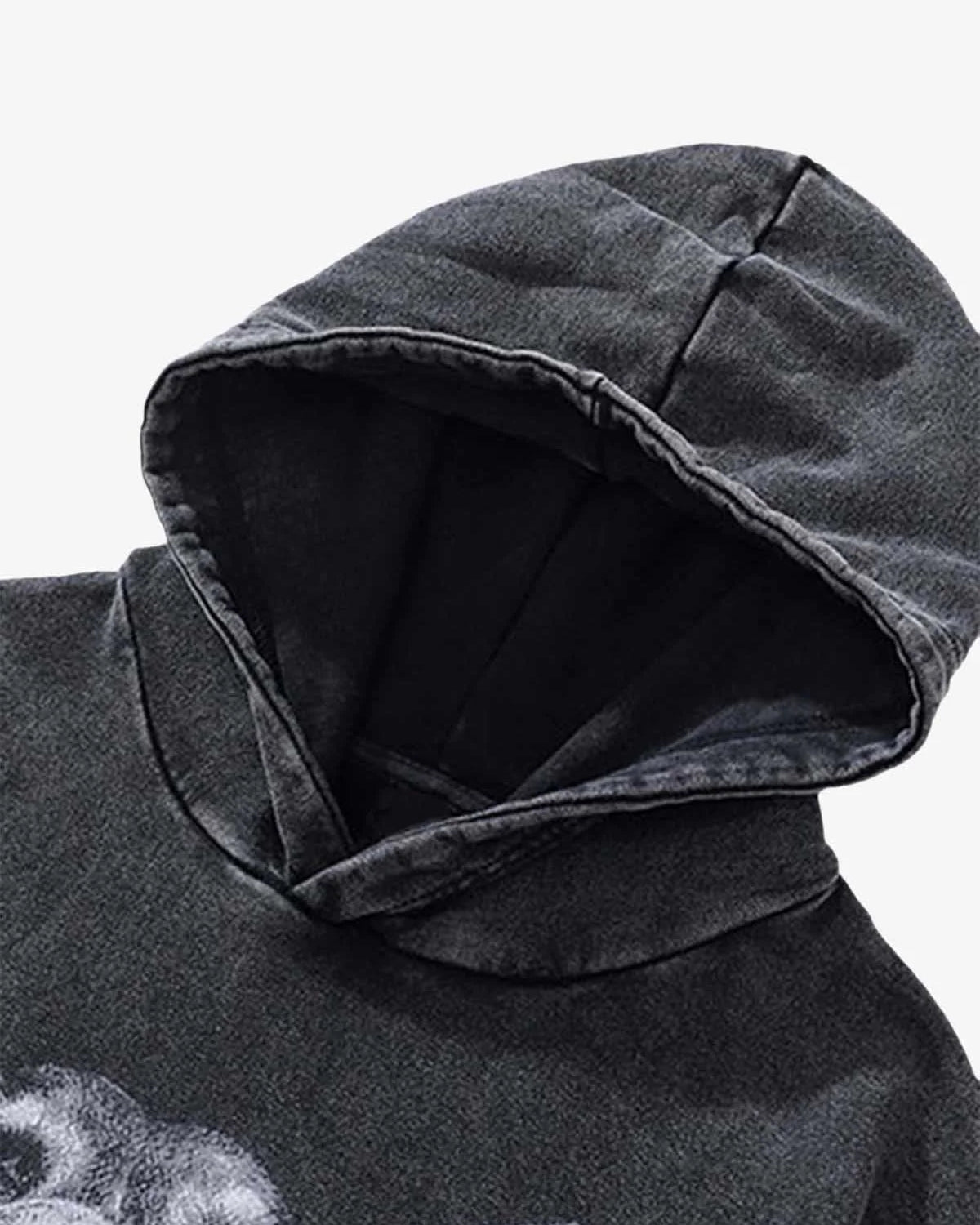 Vintage Doberman Graphic Streetwear Hoodie showcasing its hood and neckline, featuring a dark-washed finish and bold oversized Doberman graphic for a vintage urban style.