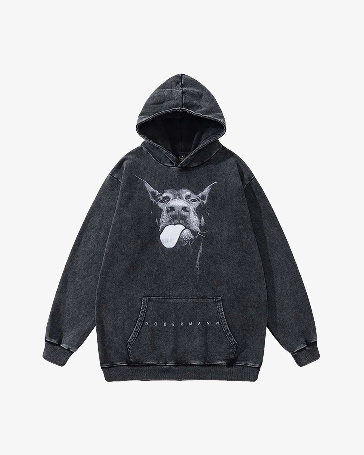 Vintage Doberman Graphic Streetwear Hoodie featuring a washed-black look, large Dobermann head design, “DOBERMANN.” text, kangaroo pocket, and relaxed fit for urban style.