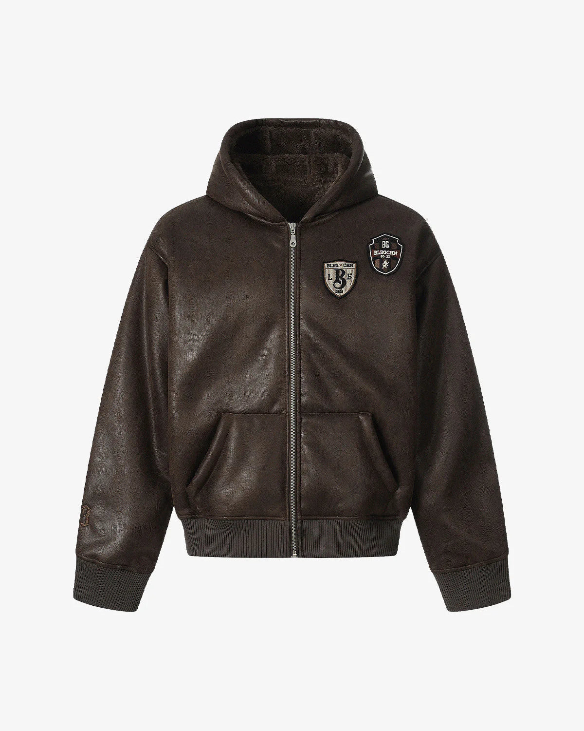 Vintage Hooded Leather-Look Street Jacket with a fleece lining, zip-up front, lined hood, ribbed cuffs, and decorative patches for a bold streetwear look.