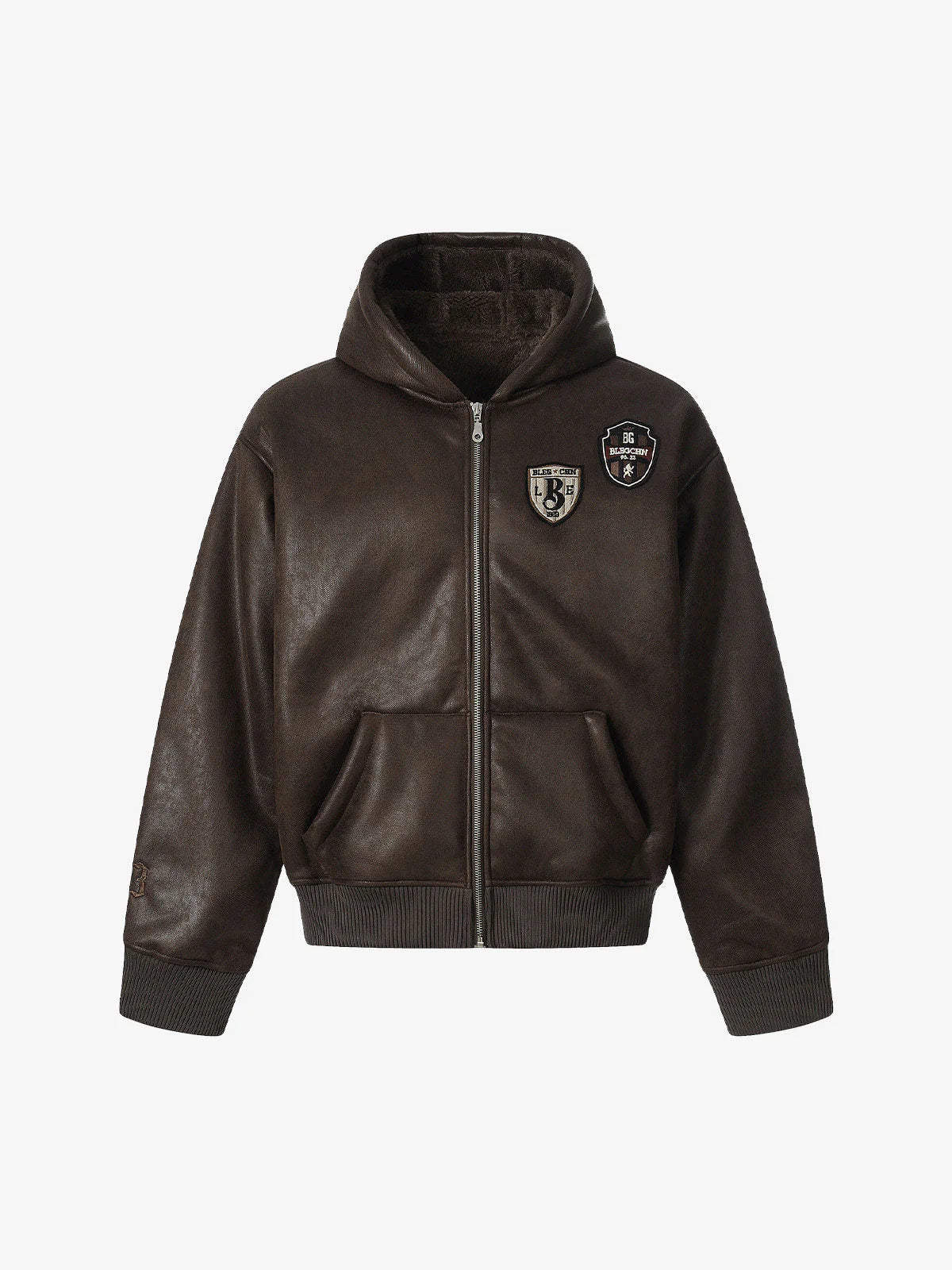 Vintage Hooded Leather-Look Street Jacket with a fleece lining, zip-up front, lined hood, ribbed cuffs, and decorative patches for a bold streetwear look.