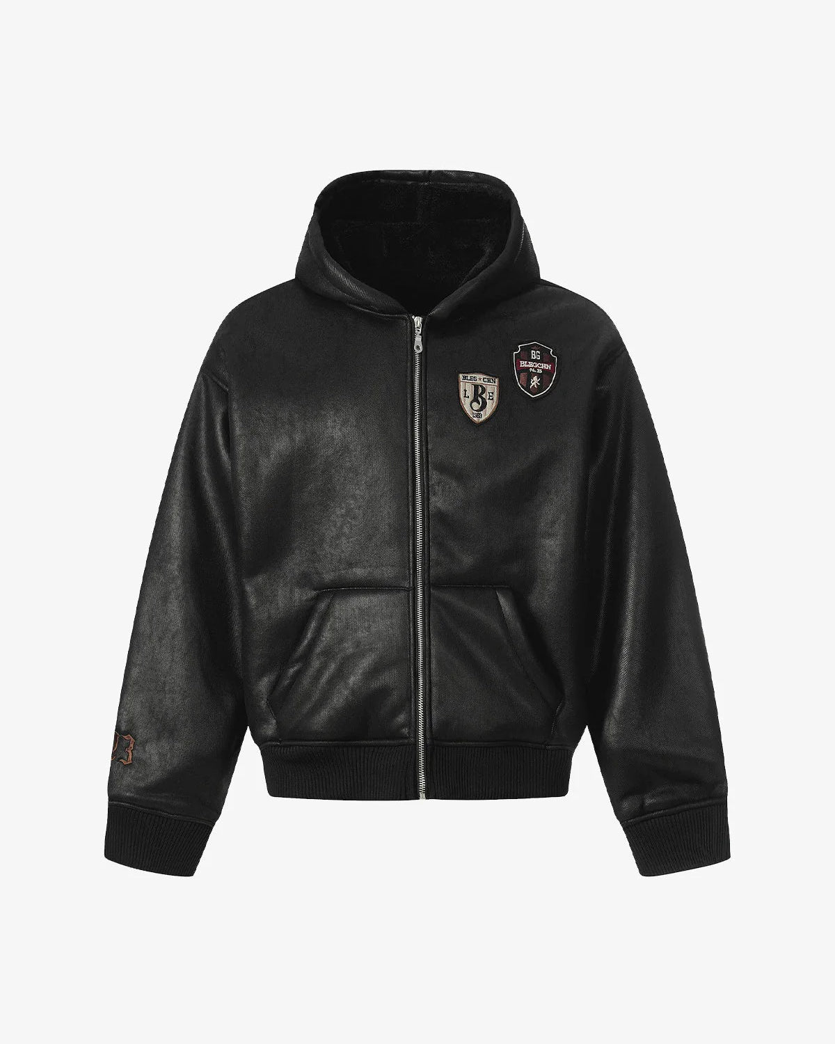 Vintage Hooded Leather-Look Street Jacket with a shiny finish, kangaroo pocket, embroidered patches, ribbed cuffs, and warm fleece interior for a retro streetwear vibe.