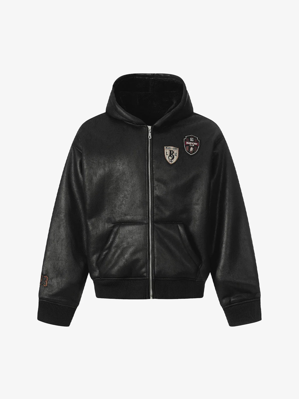 Vintage Hooded Leather-Look Street Jacket with a shiny finish, kangaroo pocket, embroidered patches, ribbed cuffs, and warm fleece interior for a retro streetwear vibe.