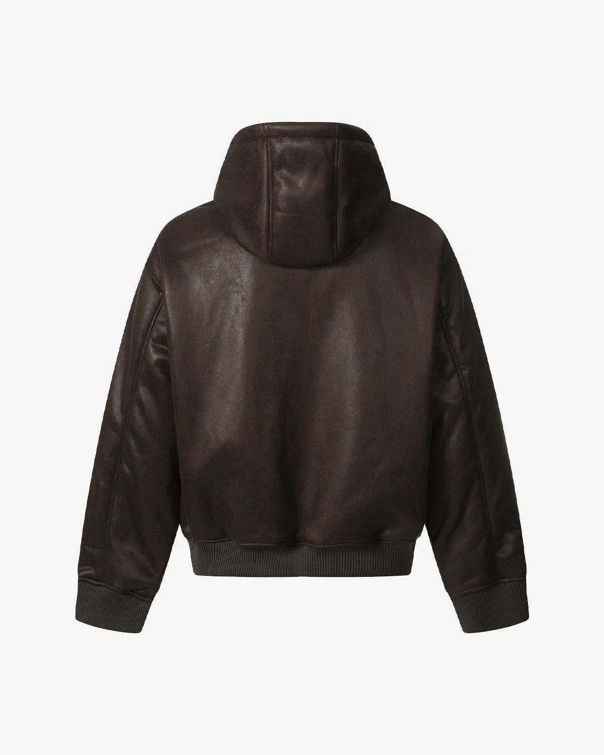 Back view of Vintage Hooded Leather-Look Street Jacket, featuring a dark brown suede-style material, roomy hood, ribbed knit cuffs, and a minimalist silhouette.