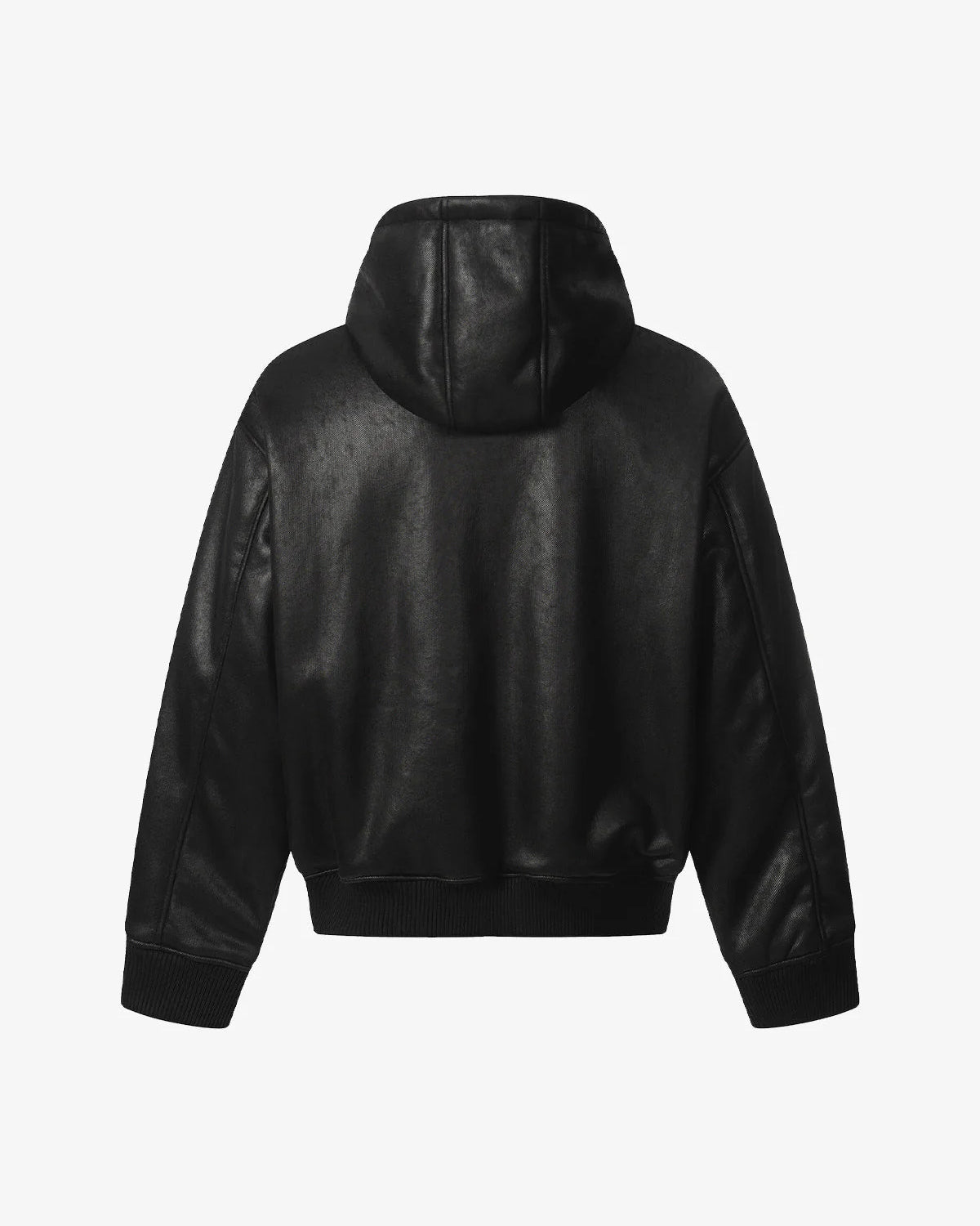 Vintage Hooded Leather-Look Street Jacket featuring a sleek black bomber style, bold leather-look finish, fitted ribbed hem and cuffs, and a simple design.