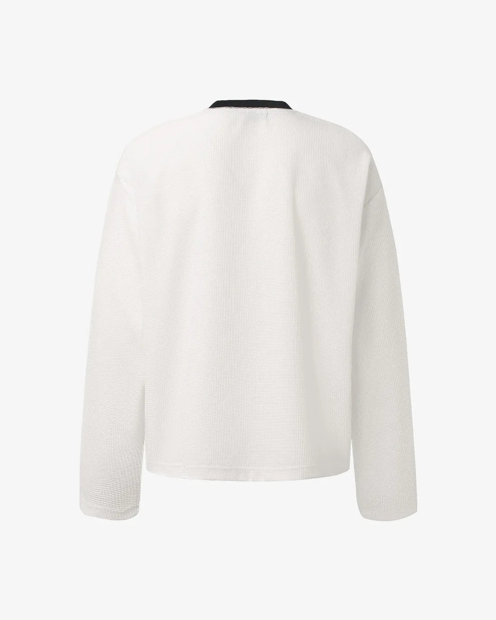 Vintage Waffle Graphic Long-Sleeve T-Shirt, off-white with black neckline trim, showcasing a retro street style with a waffle texture and relaxed fit.