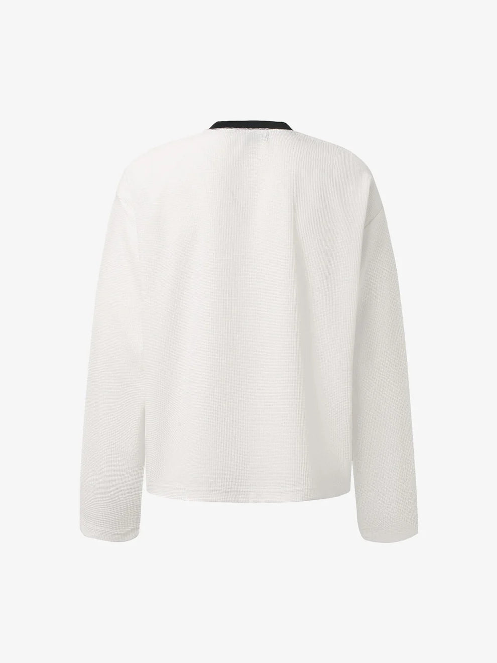 Vintage Waffle Graphic Long-Sleeve T-Shirt, off-white with black neckline trim, showcasing a retro street style with a waffle texture and relaxed fit.
