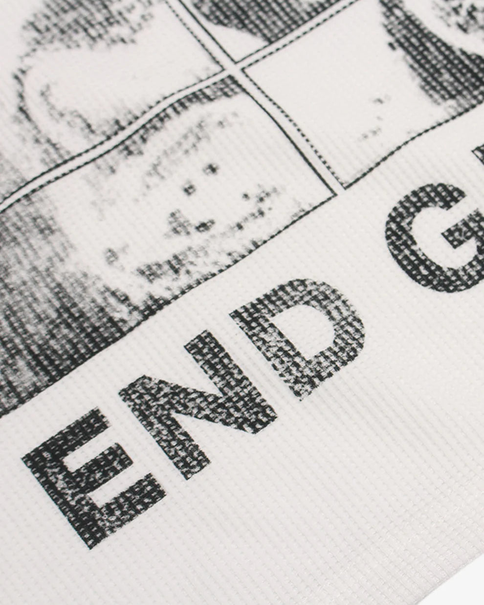 Vintage Waffle Graphic Long-Sleeve T-Shirt with a black-ink print showing a grid with a smiley face and partial slogan END G for a retro street look.