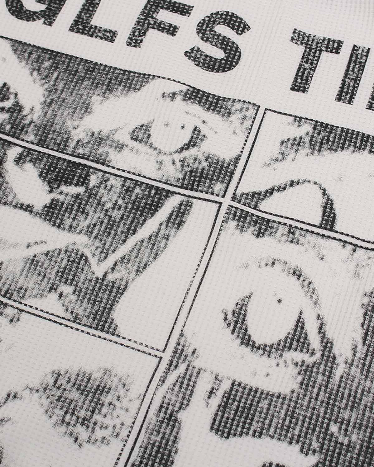 Vintage Waffle Graphic Long-Sleeve T-Shirt featuring black comic-style face details on white textured fabric, offering a retro streetwear vibe with relaxed fit.