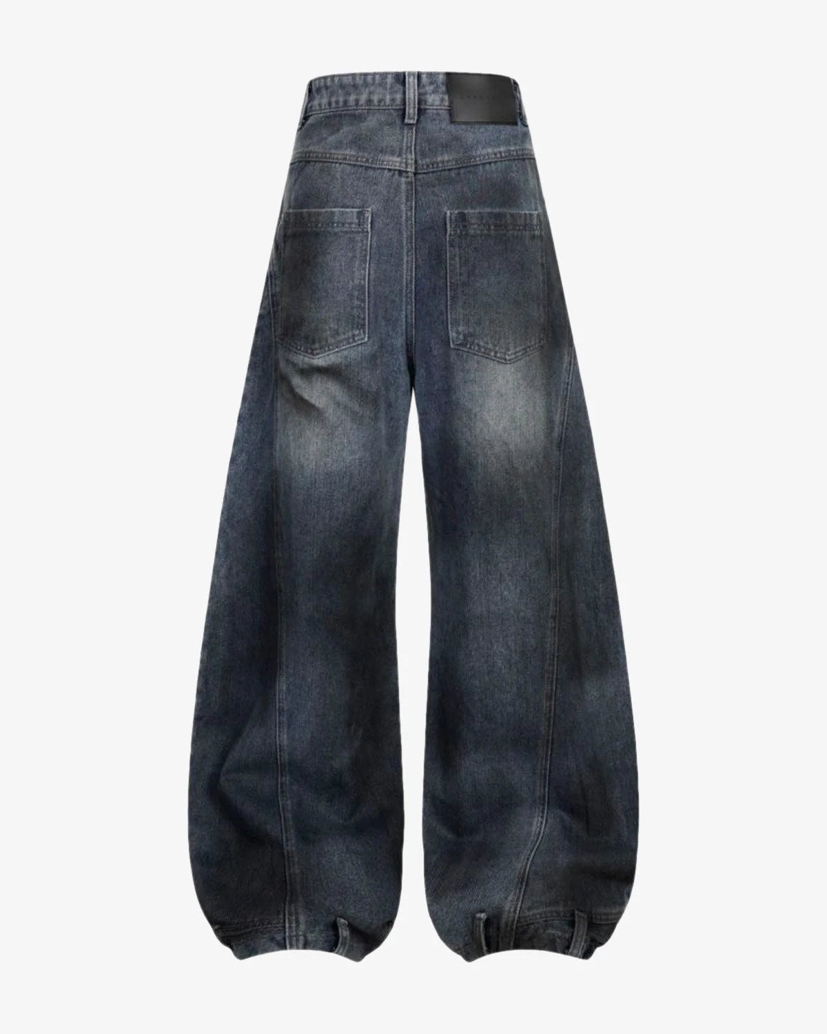 Vintage Washed Baggy Ripped Jeans with balloon-style legs, elastic cuffs, patch pockets, and a small waistband patch; exuding a grunge, streetwear vibe.