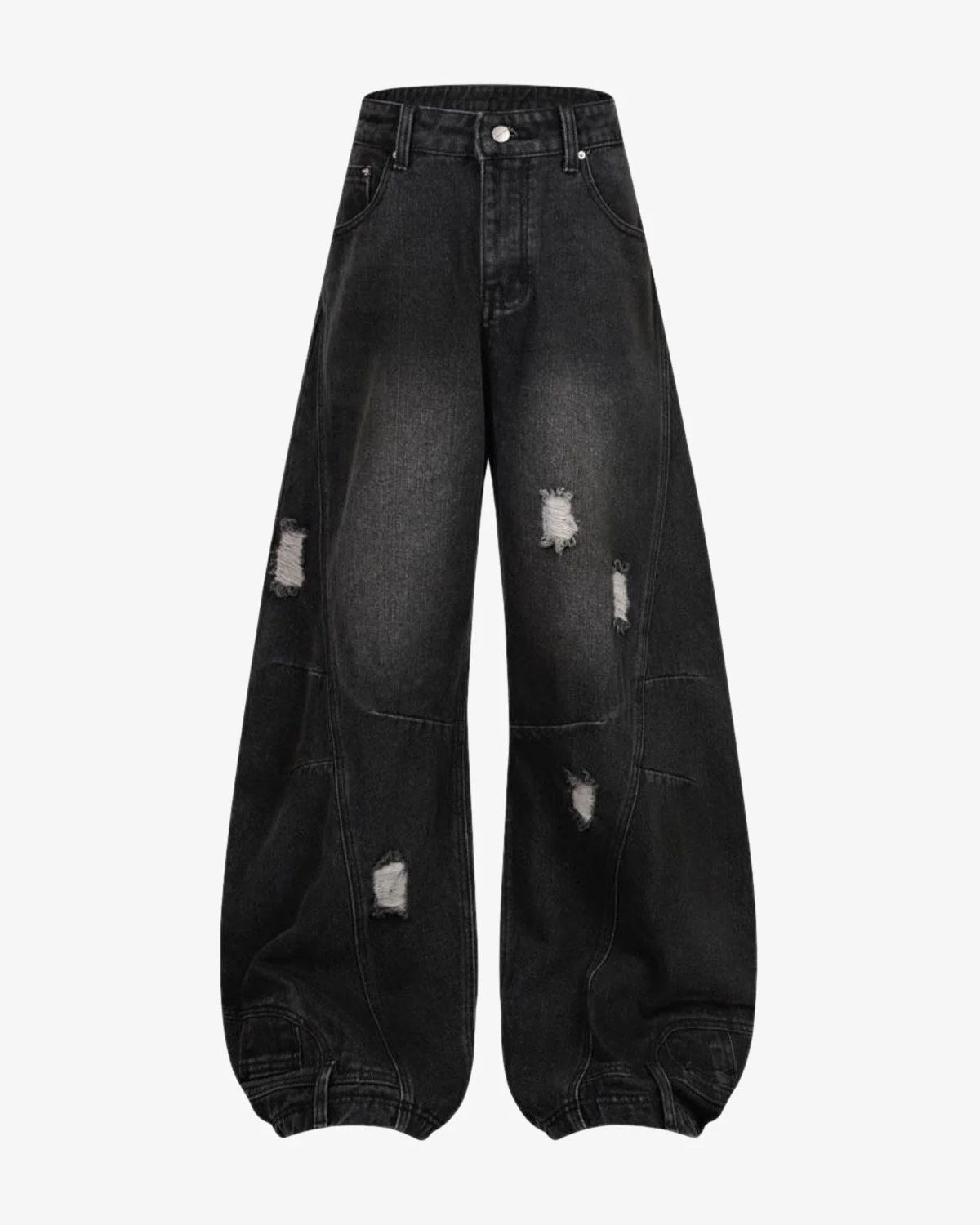 Vintage Washed Baggy Ripped Jeans with balloon-leg design, high waist, distressed details, and elastic ankle cuffs, embodying a grunge-inspired streetwear style.
