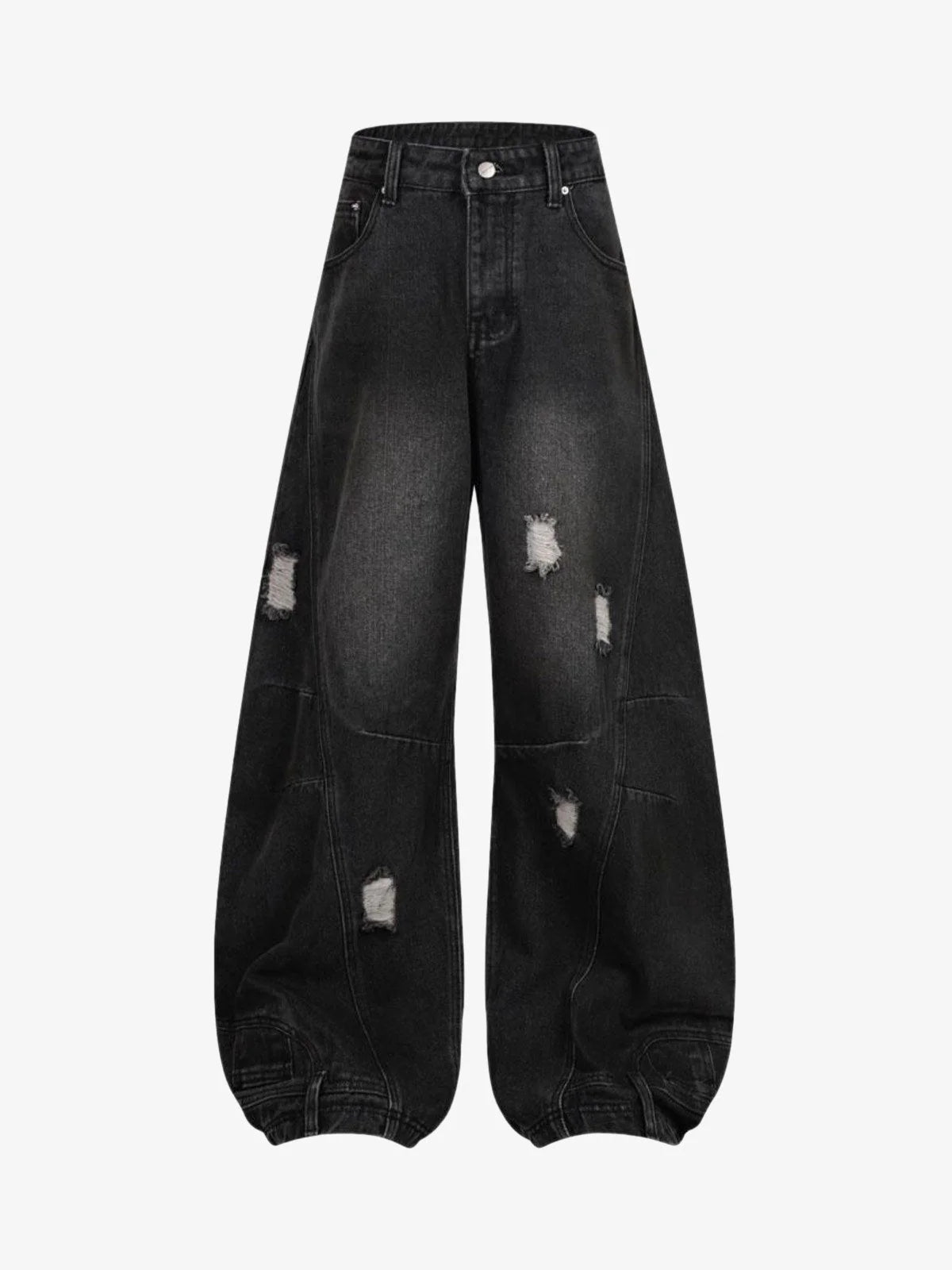 Vintage Washed Baggy Ripped Jeans with balloon-leg design, high waist, distressed details, and elastic ankle cuffs, embodying a grunge-inspired streetwear style.