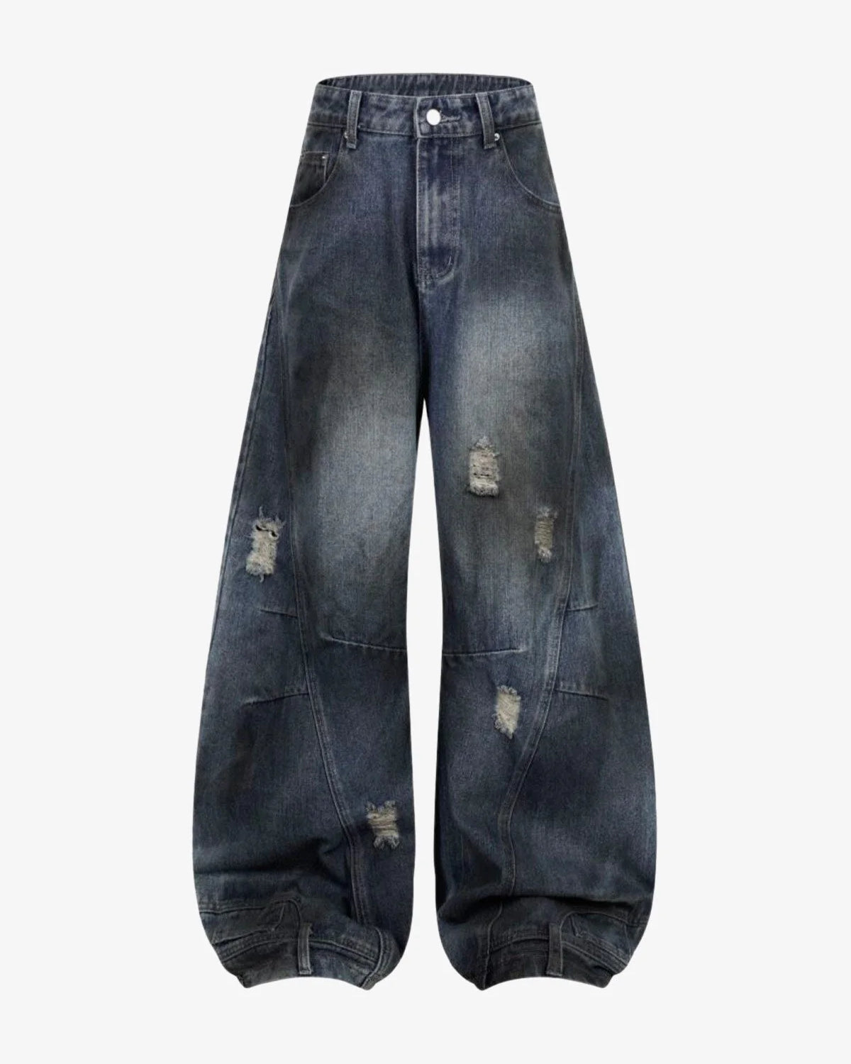 Vintage Washed Baggy Ripped Jeans with ultra-baggy silhouette, distressed patches, high waist, front pockets, and cinched hems, embodying a grunge-inspired, streetwear style.