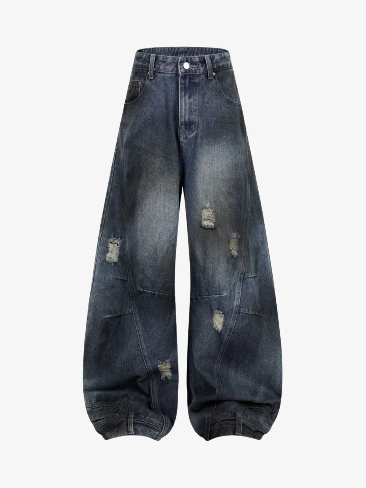 Vintage Washed Baggy Ripped Jeans with ultra-baggy silhouette, distressed patches, high waist, front pockets, and cinched hems, embodying a grunge-inspired, streetwear style.