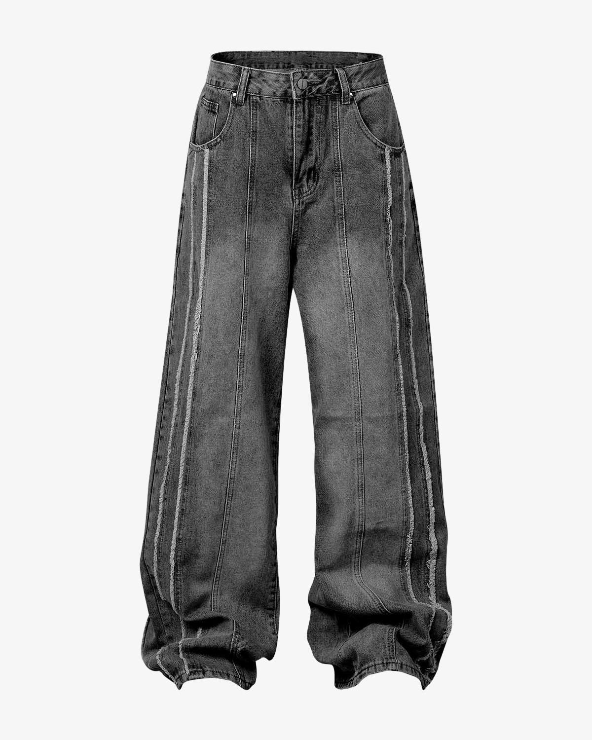Washed Distressed Raw-Edge Baggy Jeans with high waist, wide-leg design, visible seams, balloon hem, and raw-edge details for a bold, oversized streetwear look.