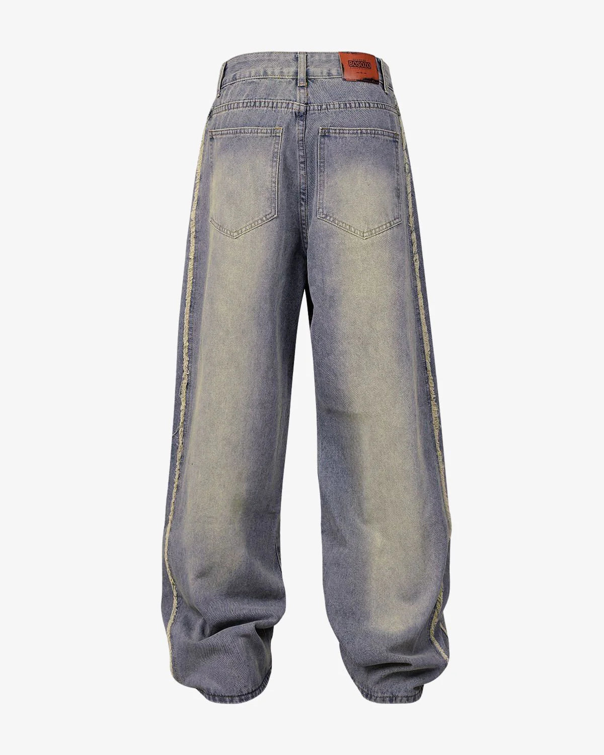 Washed Distressed Raw-Edge Baggy Jeans with oversized, wide-leg fit, back patch pockets, and frayed side seams, embodying Y2K and grunge-inspired streetwear style.