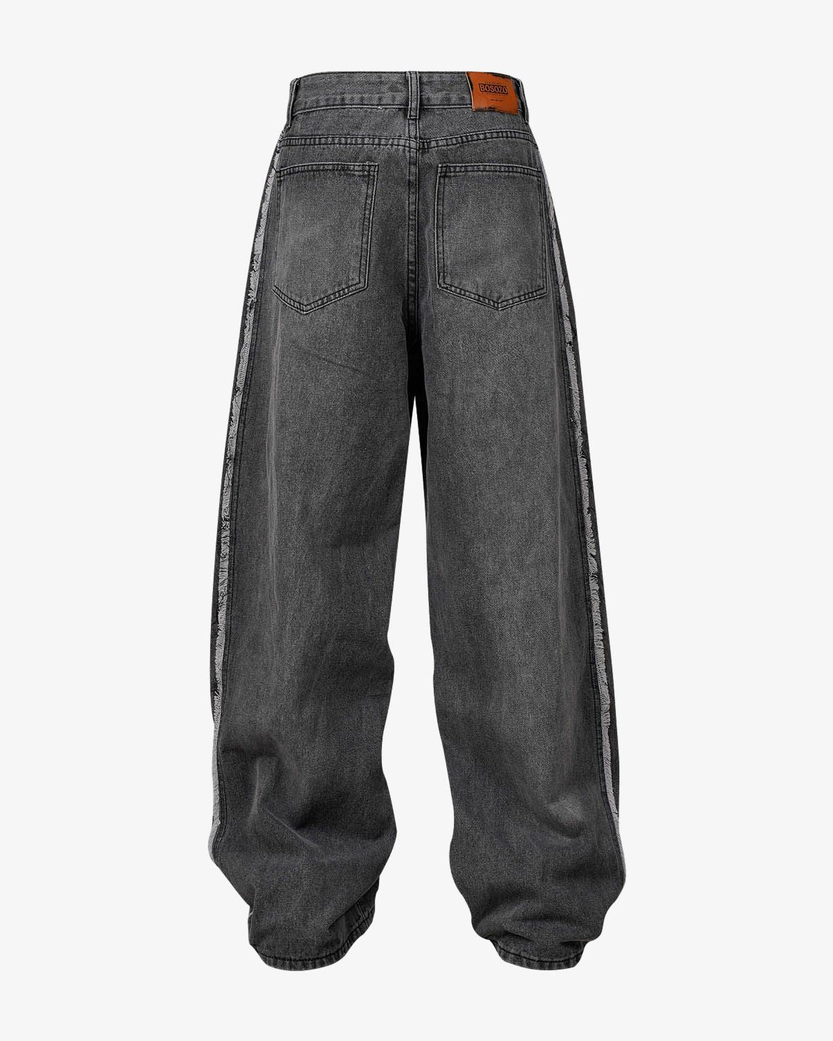Back view of Washed Distressed Raw-Edge Baggy Jeans with frayed stripes, patch pockets, leather-look waistband label, and extra length gathering at hems.