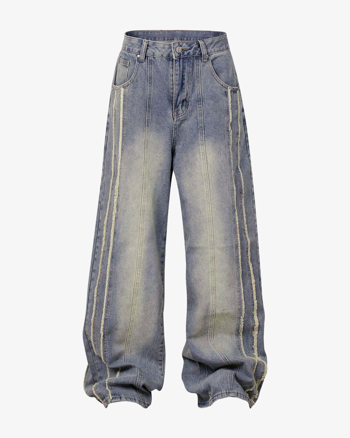 Washed Distressed Raw-Edge Baggy Jeans with wide-leg, vertical seam detailing, five-pocket styling, and slouchy silhouette, embodying a Y2K, grunge-inspired streetwear look.