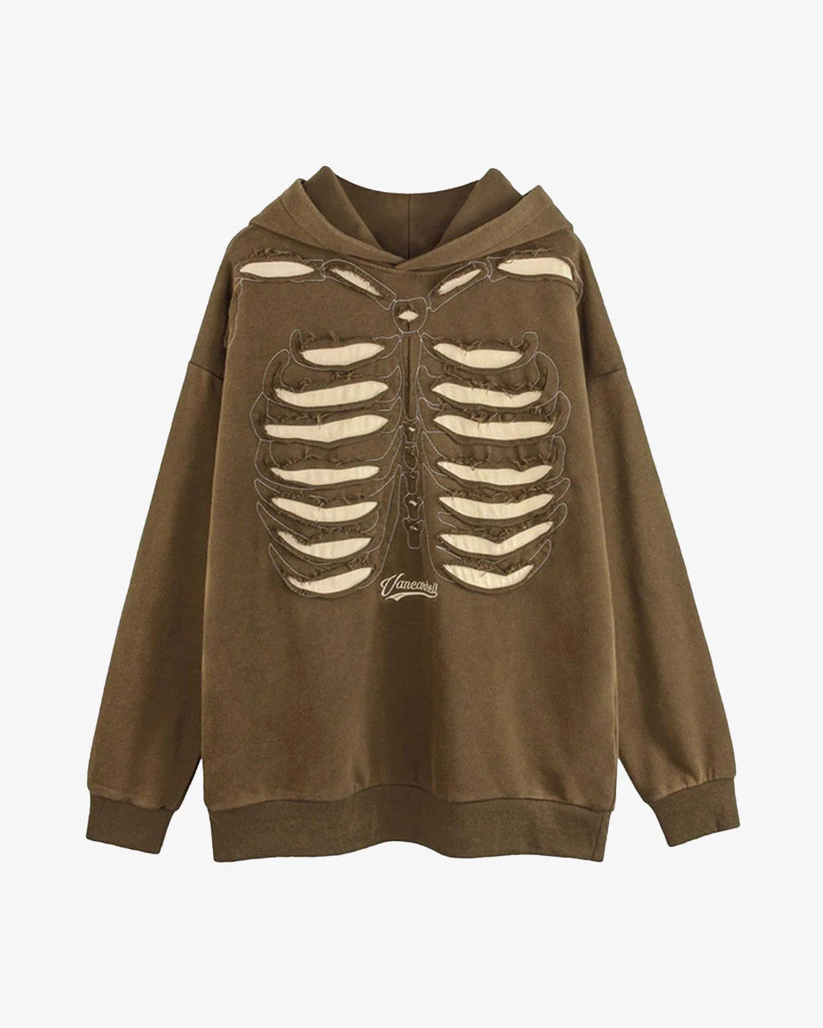 Washed Skeleton Graphic Streetwear Hoodie with an oversized fit, featuring a cutout ribcage motif, ribbed cuffs, and a scripted logo below the design.