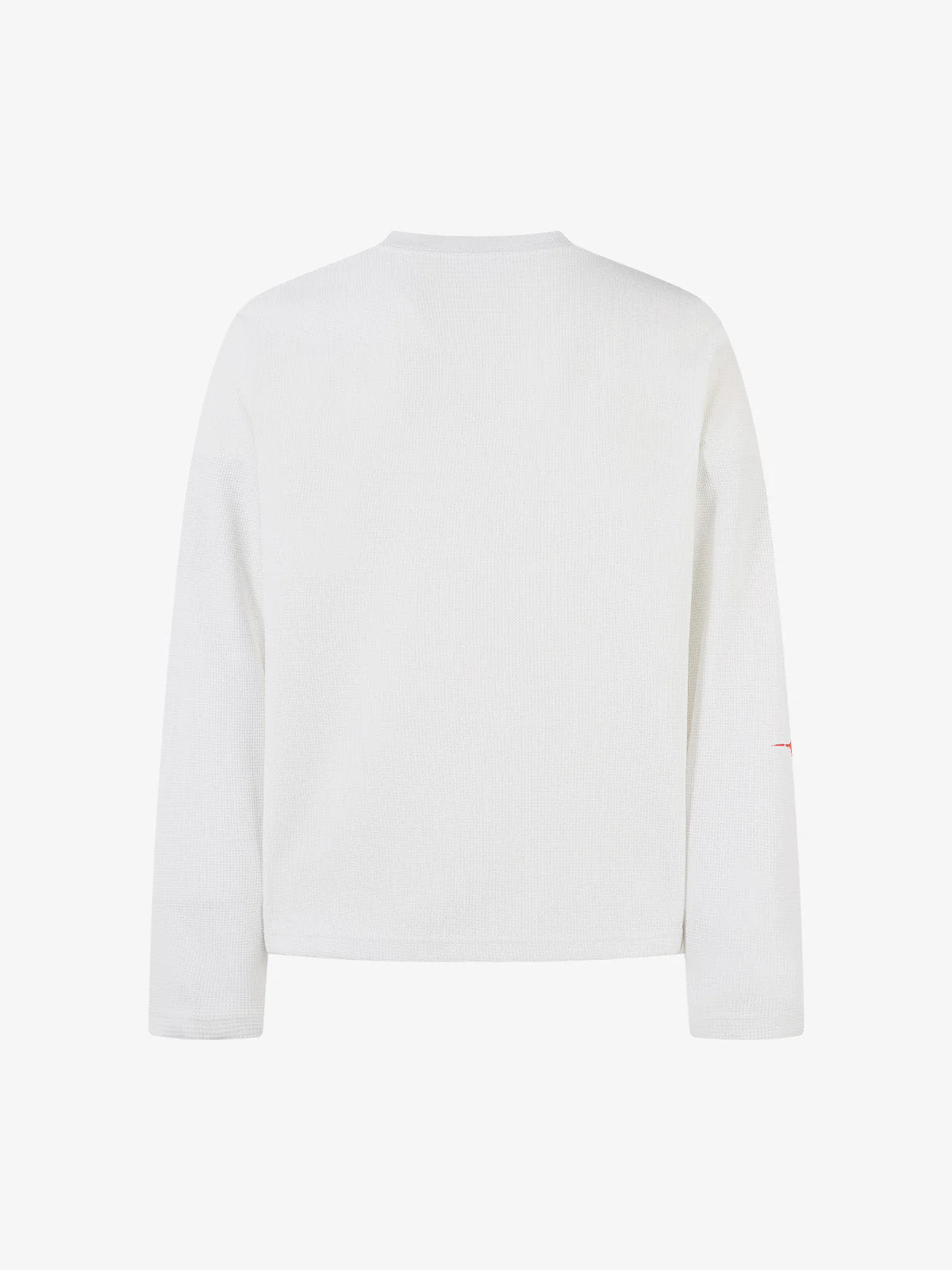 Back view of the White Waffle Cross Graphic Long Sleeve T-Shirt, showcasing its waffle texture and simple crew neckline, embodying a vintage streetwear aesthetic.