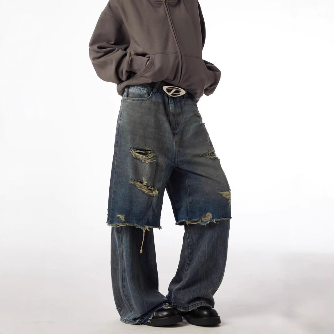 Wide-Leg Distressed Cargo Jeans-Jeans-Grimstrike