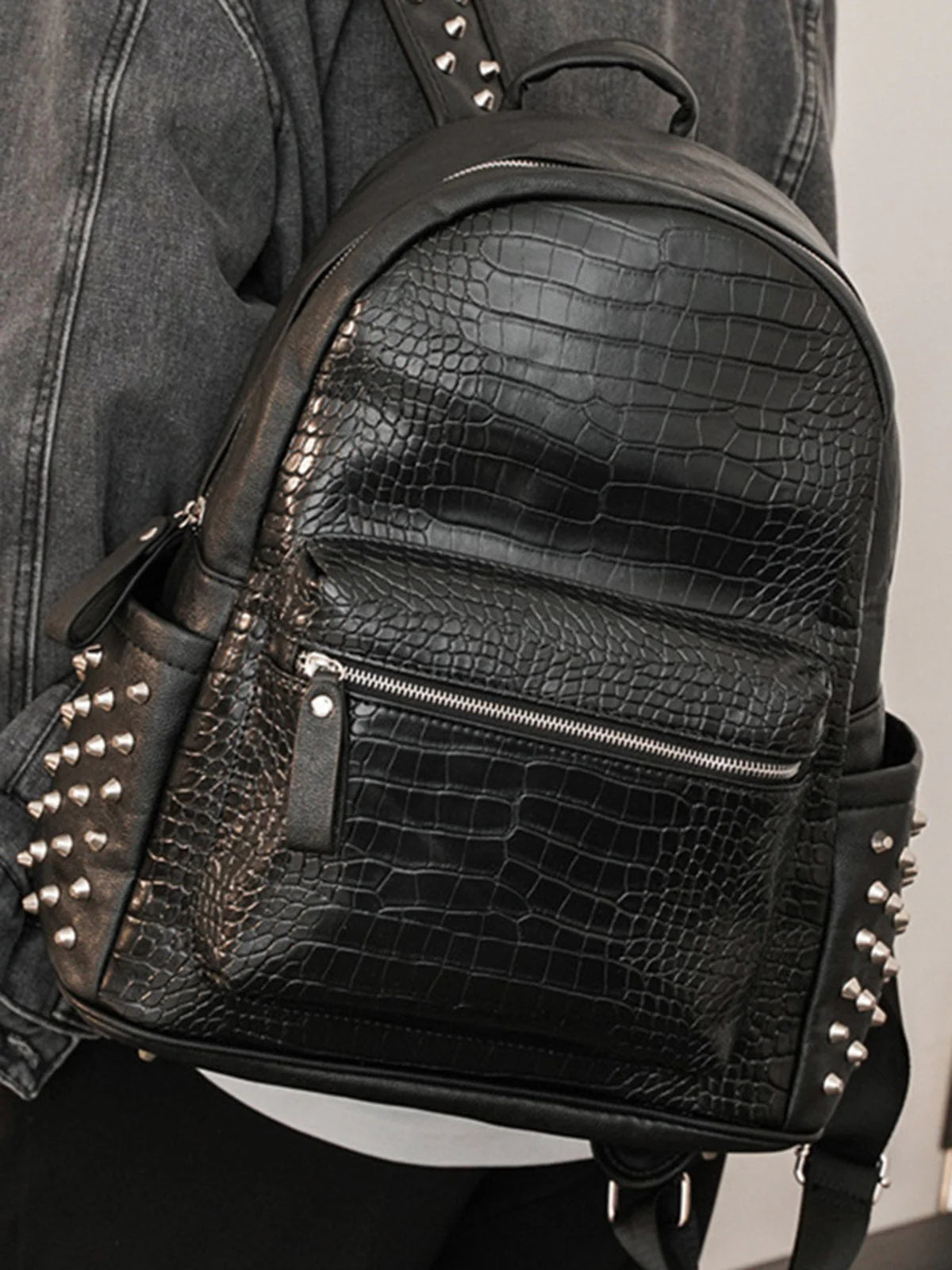 Croc Texture Studded Backpack-bags-Grimstrike