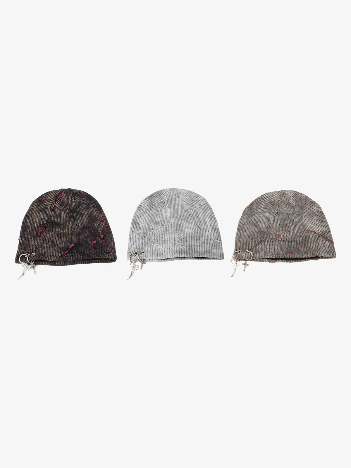Three Distressed Charm Knit Hats with washed textures and metal charm details, showcasing dark, light gray, and dusty brown designs for grunge and streetwear styles.