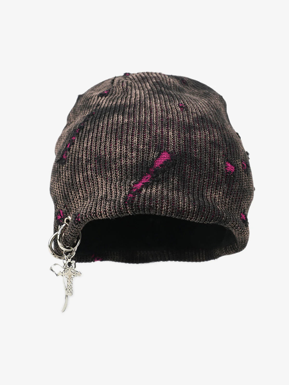 Distressed Charm Knit Hat with marled yarn, showcasing deliberate holes, rough-knit texture, and a silver-tone cross charm for a grunge streetwear aesthetic.