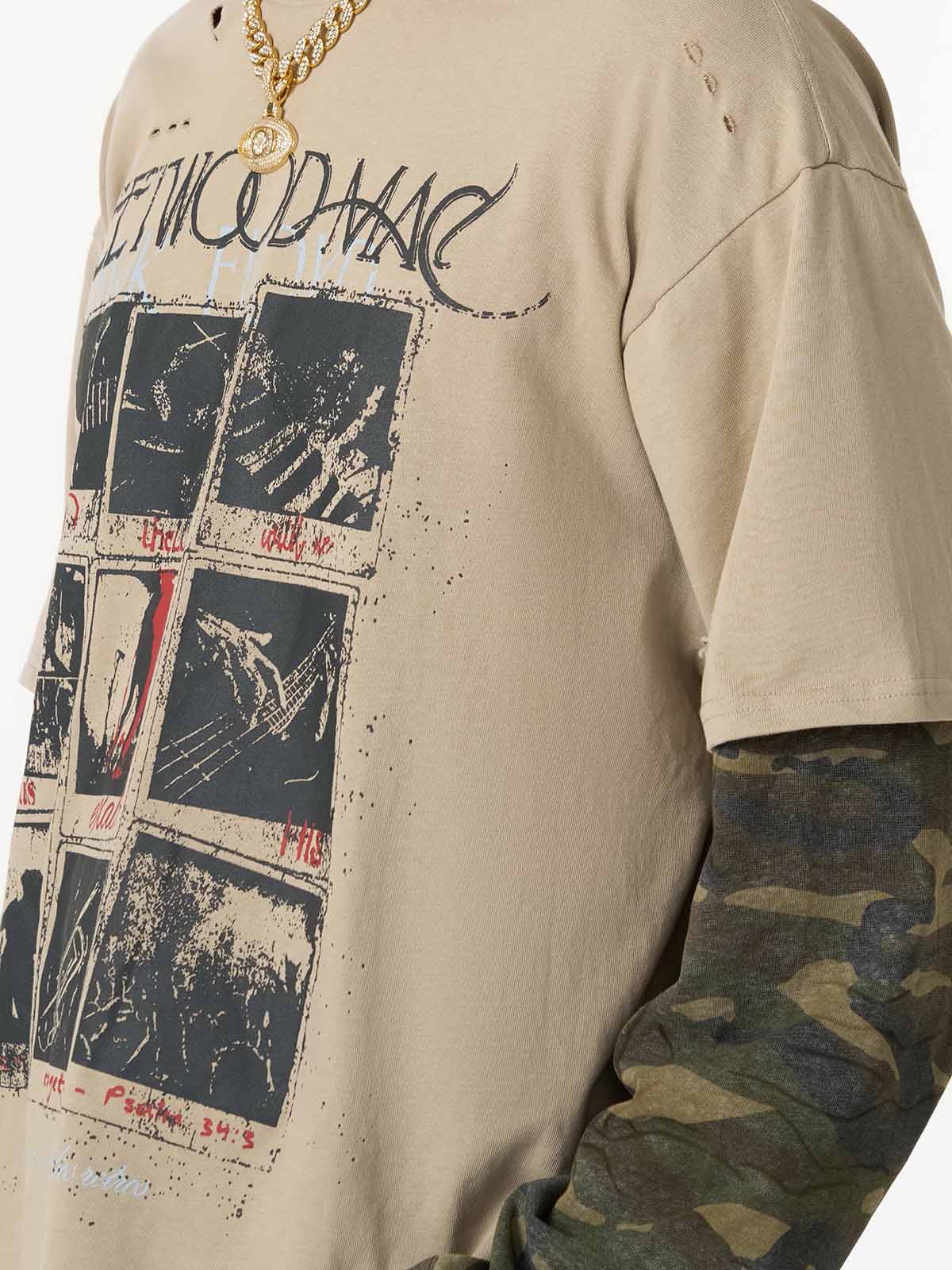 Distressed Grunge Layered T-Shirt featuring vintage graphics, camo-patterned long sleeves, and a gold-tone chain with a circular pendant for a bold streetwear look.