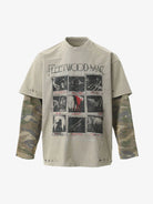 Distressed Grunge Layered T-Shirt with beige crewneck, Fleetwood Mac print, vintage panels, and built-in camo sleeves for a worn-in, streetwear look.