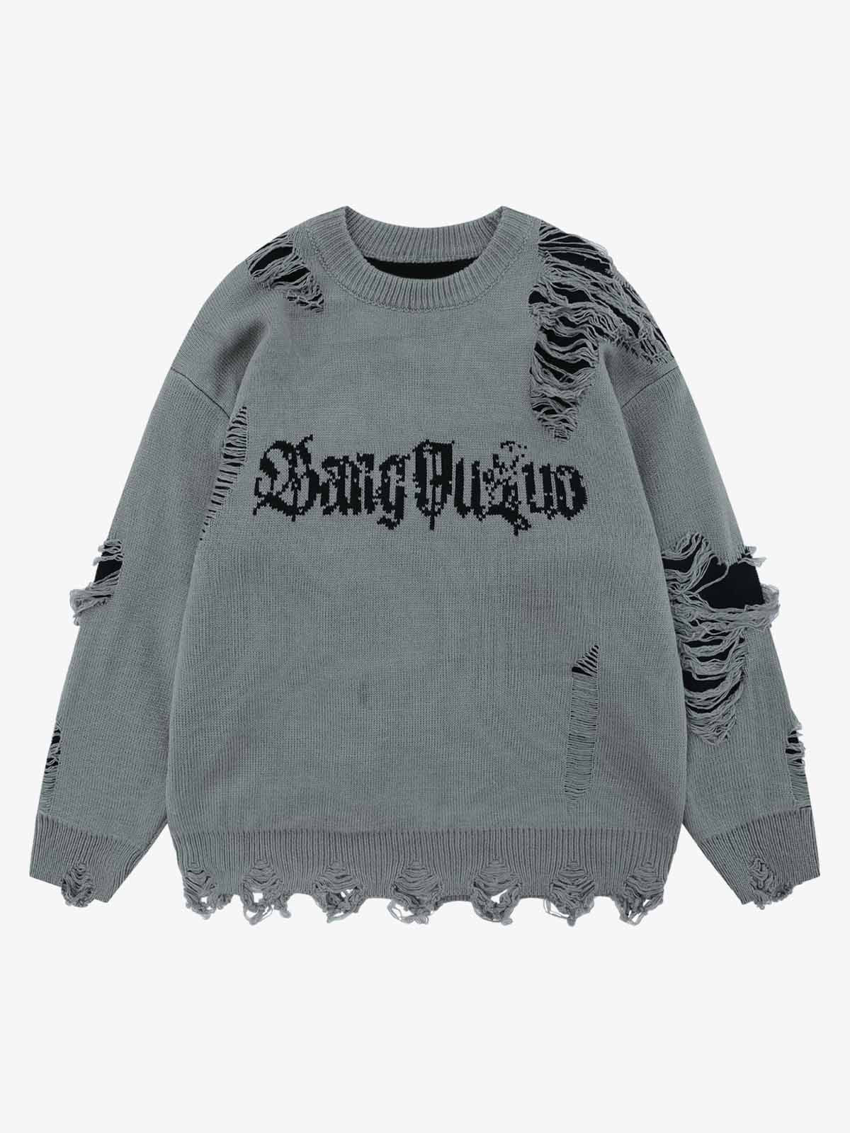 Distressed Letter Jacquard Knit Sweater-sweater-Grimstrike